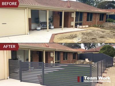 Before and After Installation of Aluminium Slat Fencing by Team Work Fencing Contractors Perth