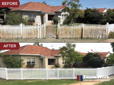 Before and After Installation of White PVC Picket Fence Perth