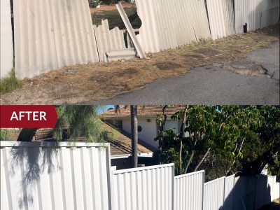 Before After Photo of storm damaged fence replaced with white colorbond fencing in Scarborough, Western Australia