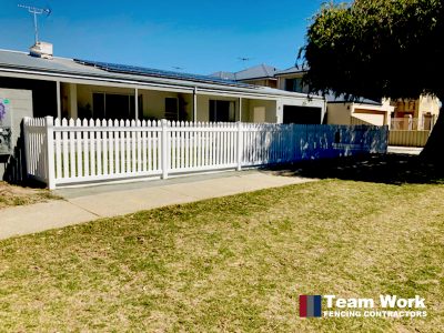 Traditional white PVC picket fencing and gate installation in Rockingham, Perth WA
